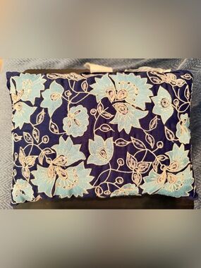 Navy Blue Embroidered Floral Pillow with Light Blue Flowers sparkle